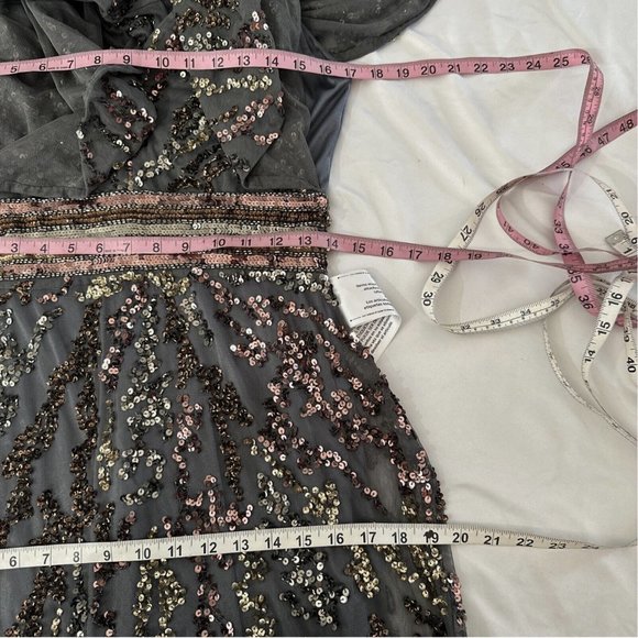 NWT $698 Mac Duggal [‎ 8 ] Cape Sleeve Embellished Gown in Charcoal Multi Gold - Picture 14 of 15